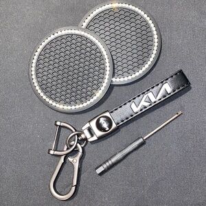 KIA Black Genuine Leather Keychain, Screwdriver & Cup Holders w/ Rhinestones Set